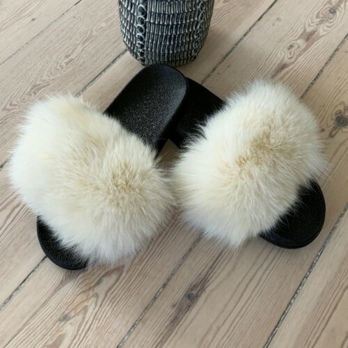 halv otte Forskelsbehandling Signal Pels slippers/sandaler med ægte fox fur til NU kun kr 499,-